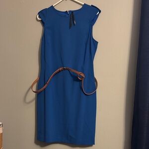 Chic Blue Midi Dress with Tan Belt